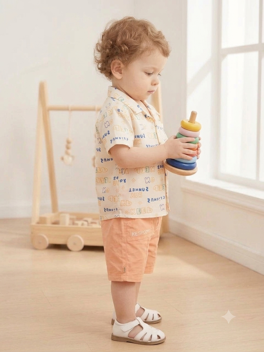 Olecuzi Baby Boys 3-Piece Summer Outfit Set – Cream Printed Shirt, White Tee & Peach Shorts