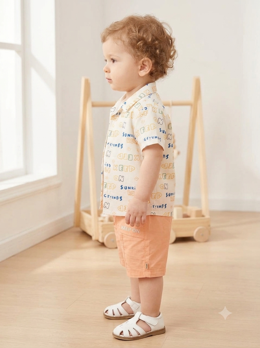 Olecuzi Baby Boys 3-Piece Summer Outfit Set – Cream Printed Shirt, White Tee & Peach Shorts