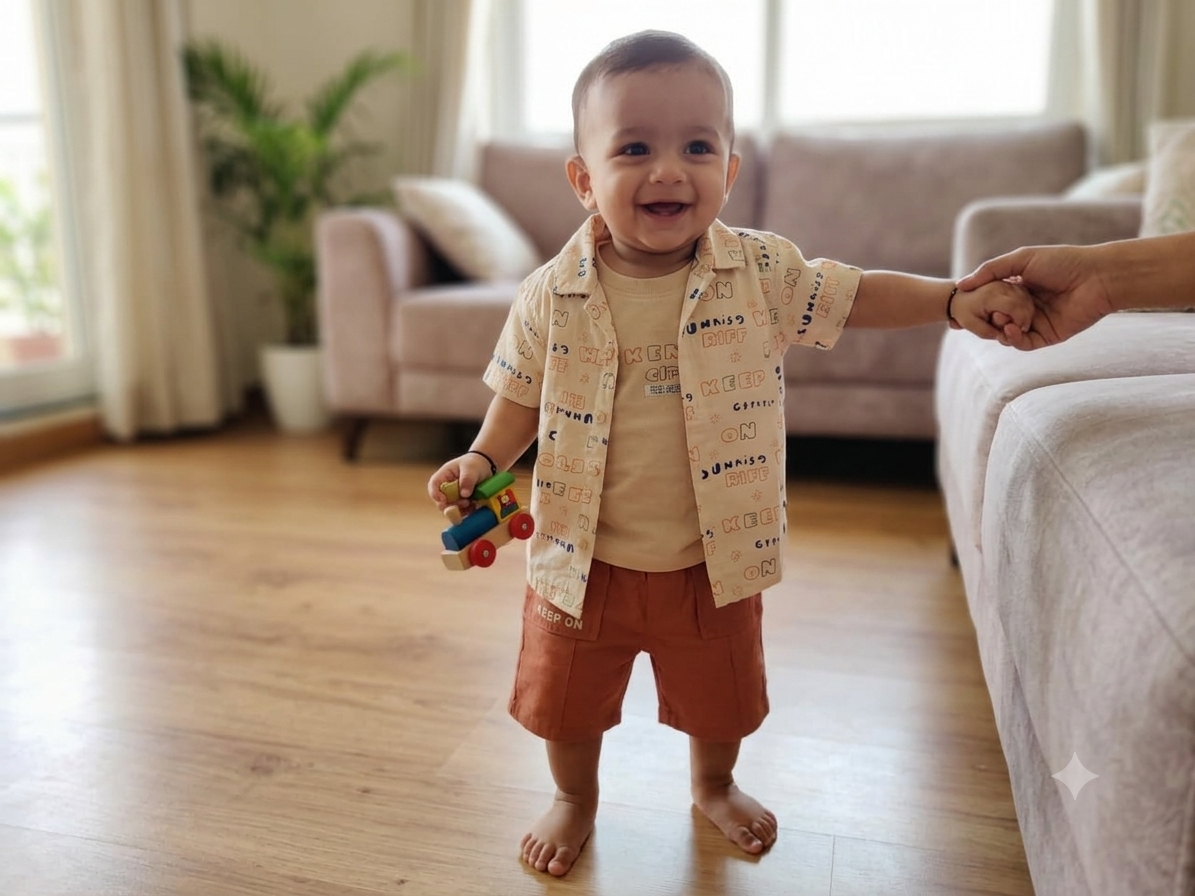 Olecuzi Baby Boys 3-Piece Summer Outfit Set – Beige Typographic Shirt, Inner Tee & Rust Orange Shorts