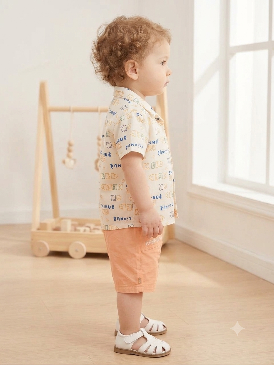 Olecuzi Baby Boys 3-Piece Summer Outfit Set – Cream Printed Shirt, White Tee & Peach Shorts