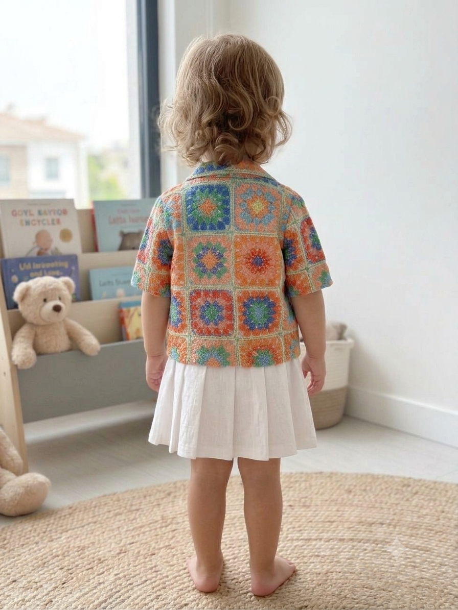 Olecuzi Toddler Girls 3-Piece Crochet-Print Outfit Set – Open Jacket, Ribbed Tank Top & White Pleated Skirt