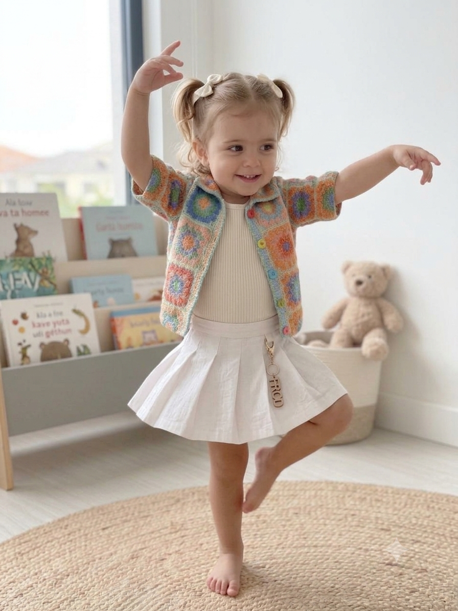 Olecuzi Toddler Girls 3-Piece Crochet-Print Outfit Set – Open Jacket, Ribbed Tank Top & White Pleated Skirt