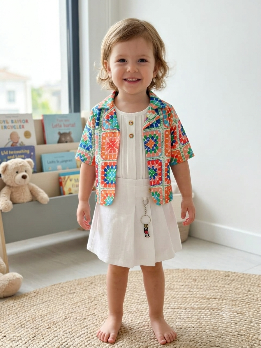 Olecuzi Toddler Girls 3-Piece Crochet-Print Outfit Set – Open Jacket, Ribbed Tank Top & White Pleated Skirt