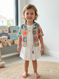 Olecuzi Toddler Girls 3-Piece Crochet-Print Outfit Set – Open Jacket, Ribbed Tank Top & White Pleated Skirt