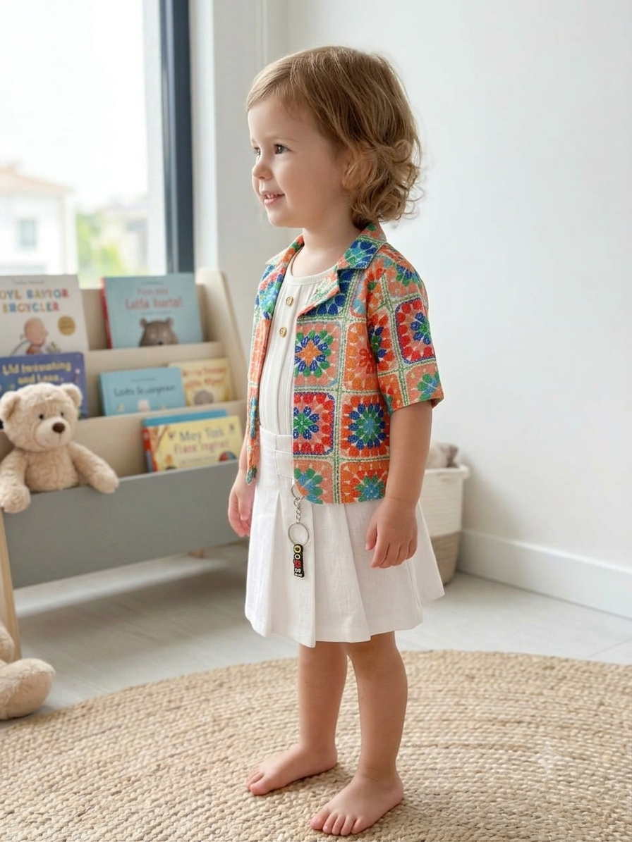 Olecuzi Toddler Girls 3-Piece Crochet-Print Outfit Set – Open Jacket, Ribbed Tank Top & White Pleated Skirt