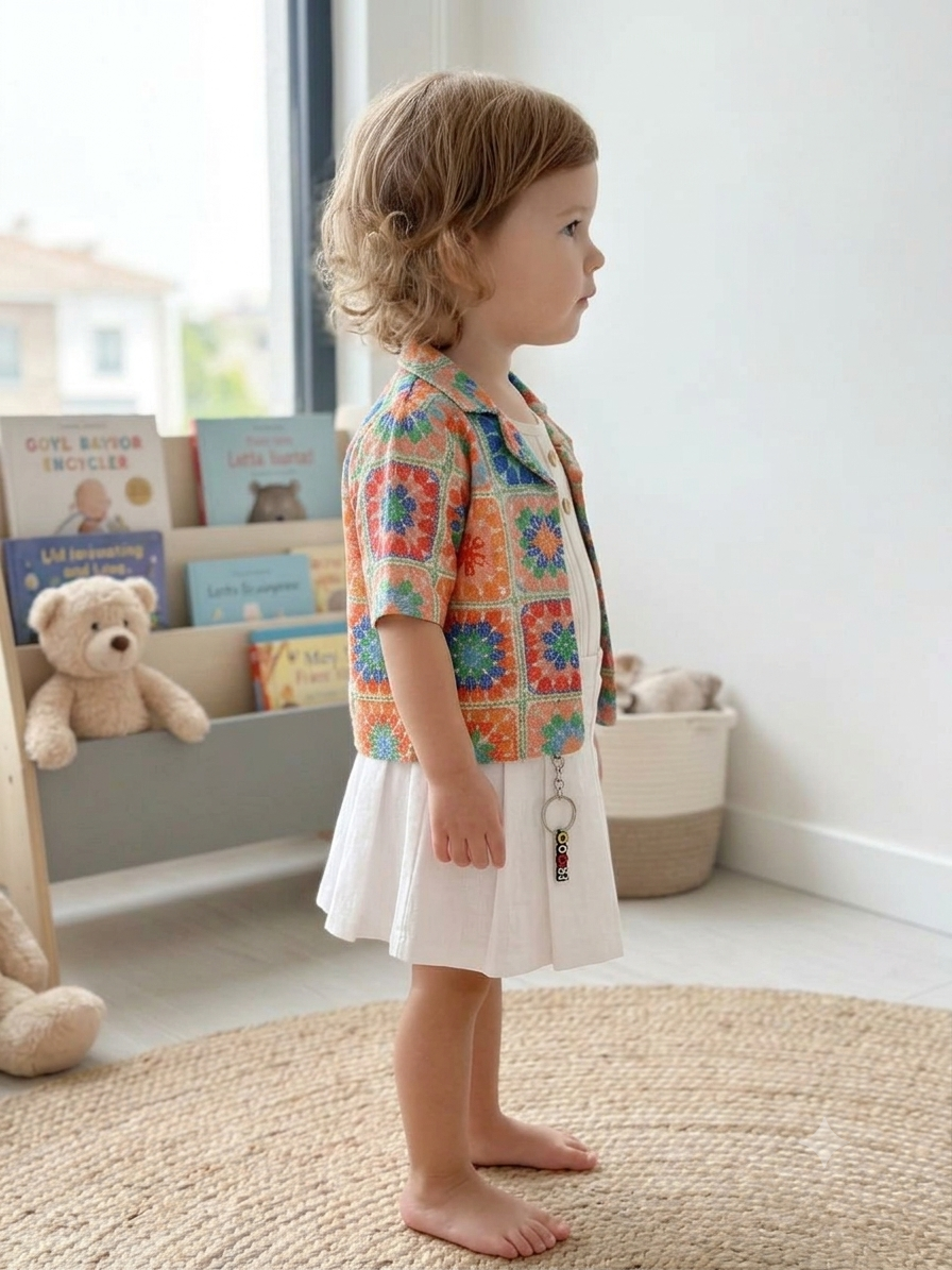 Olecuzi Toddler Girls 3-Piece Crochet-Print Outfit Set – Open Jacket, Ribbed Tank Top & White Pleated Skirt
