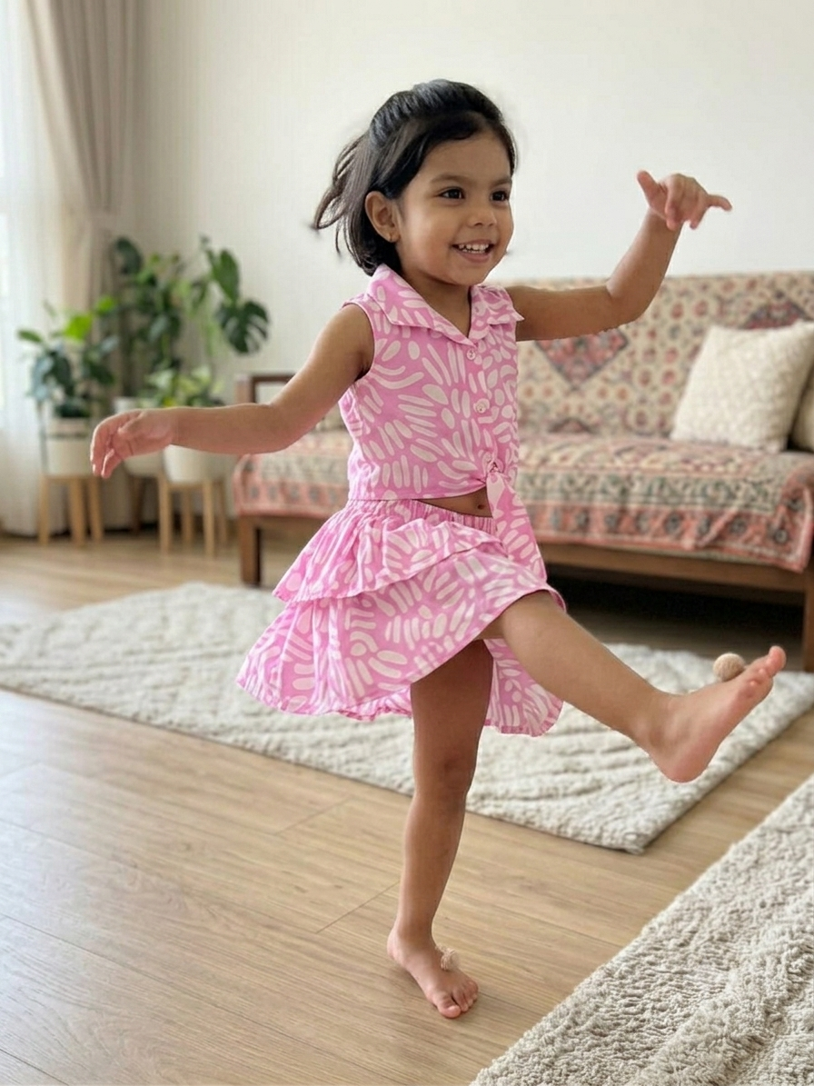 Olecuzi Toddler Girls Pink Abstract Print 2-Piece Set – Tie-Front Shirt & Skirt