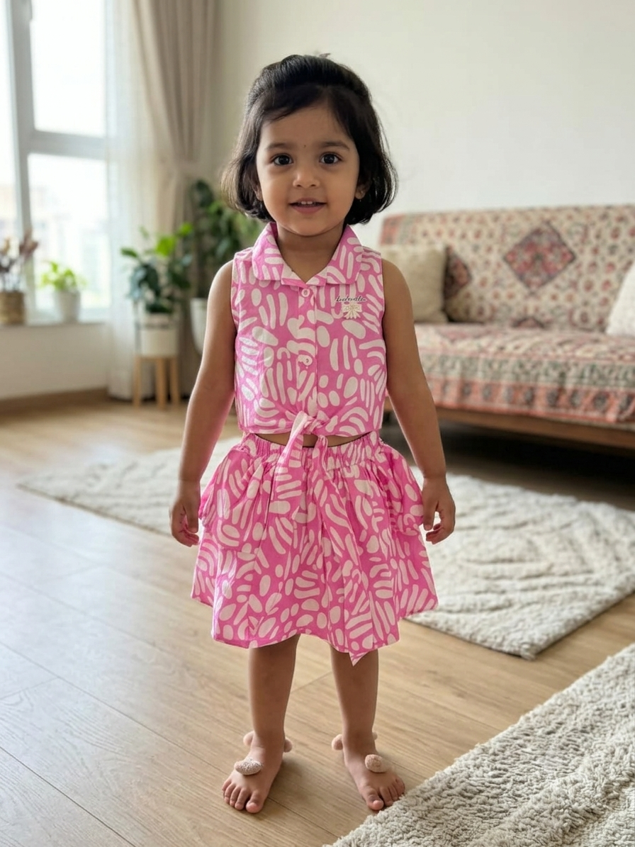 Olecuzi Toddler Girls Pink Abstract Print 2-Piece Set – Tie-Front Shirt & Skirt
