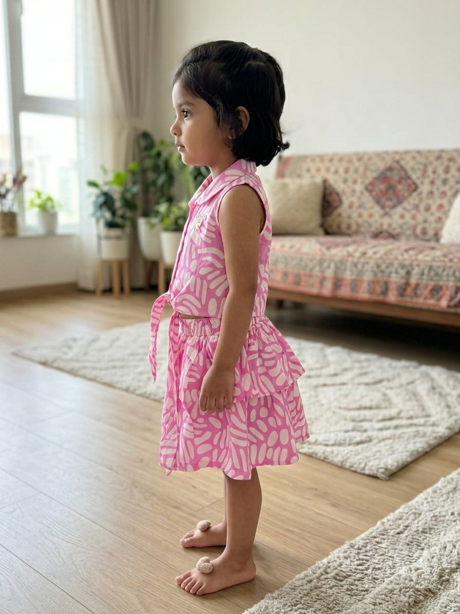 Olecuzi Toddler Girls Pink Abstract Print 2-Piece Set – Tie-Front Shirt & Skirt