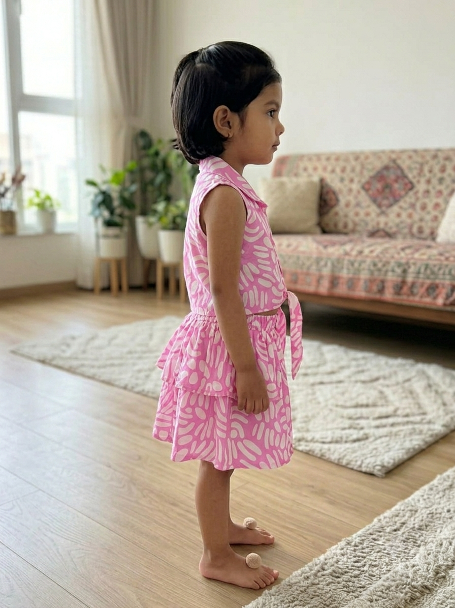 Olecuzi Toddler Girls Pink Abstract Print 2-Piece Set – Tie-Front Shirt & Skirt
