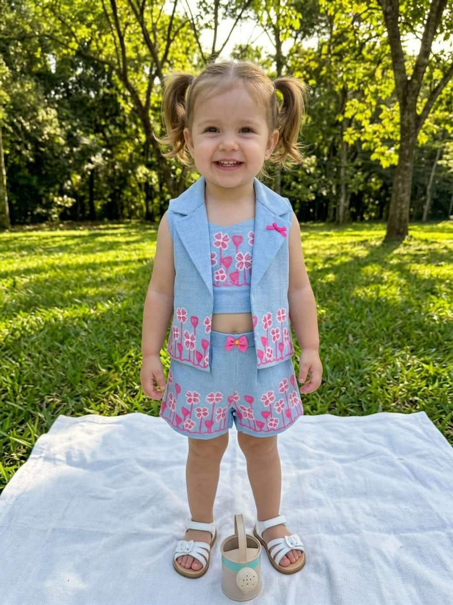 Toddler Girls 3-Piece Floral Denim Outfit Set – Sleeveless Vest, Crop Top & Shorts