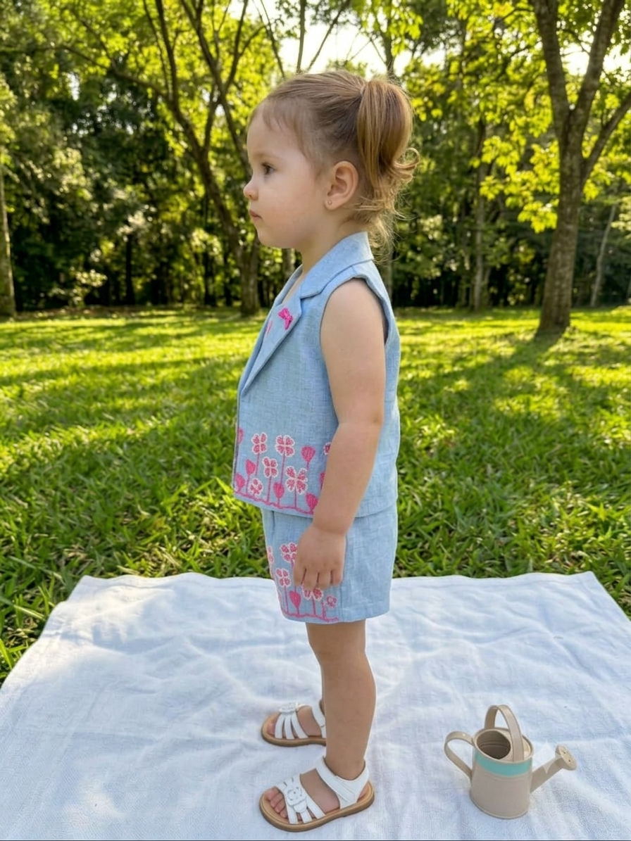 Toddler Girls 3-Piece Floral Denim Outfit Set – Sleeveless Vest, Crop Top & Shorts