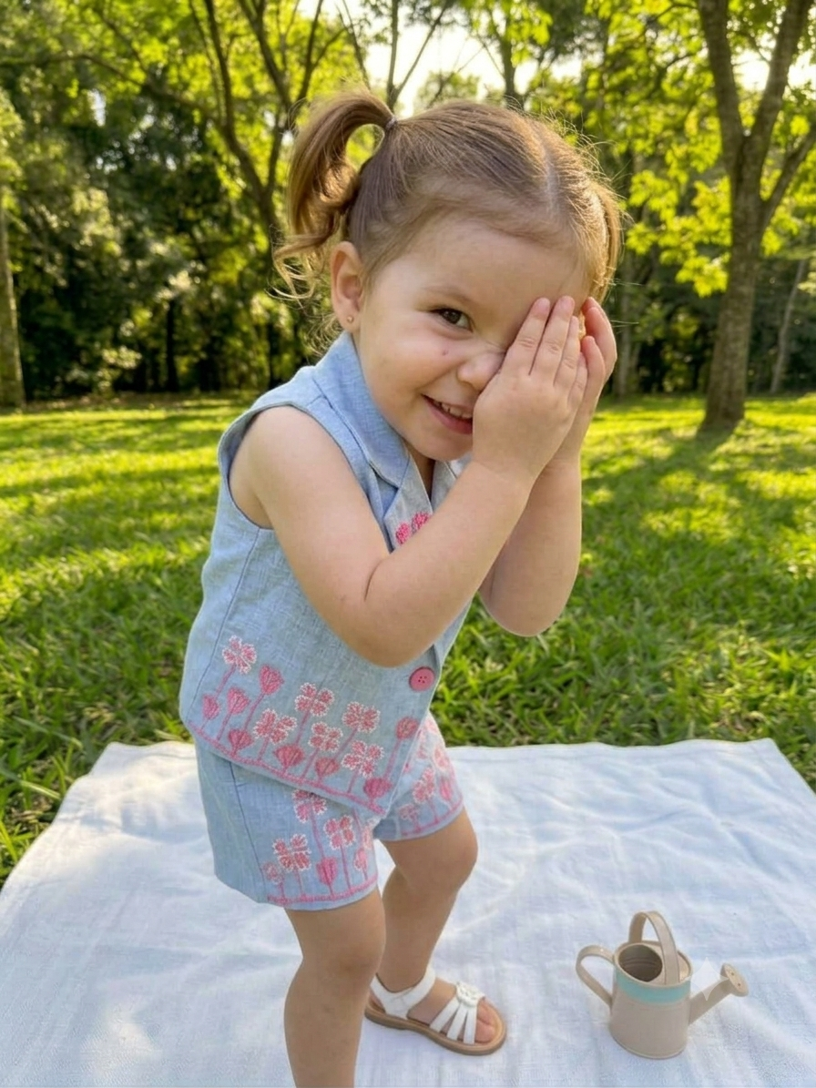 Toddler Girls 3-Piece Floral Denim Outfit Set – Sleeveless Vest, Crop Top & Shorts