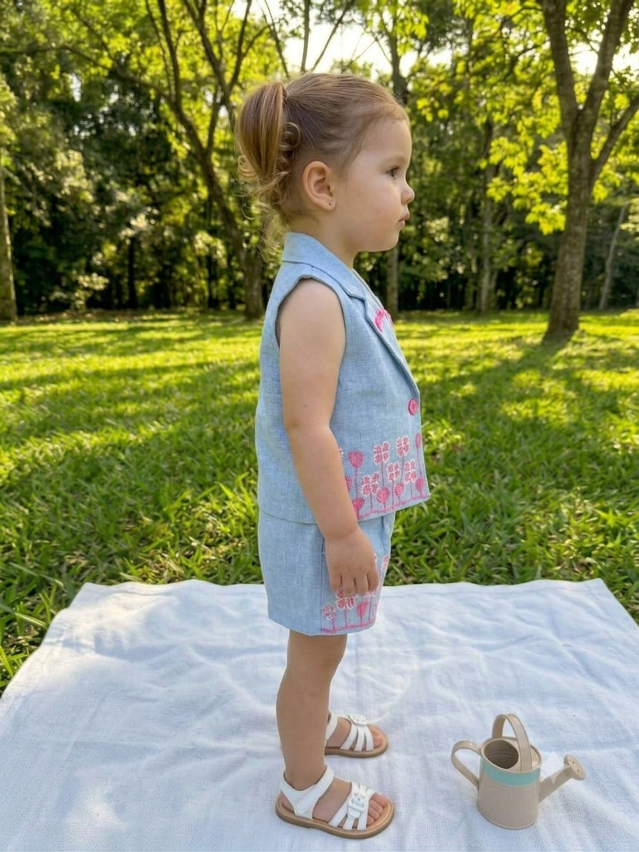 Toddler Girls 3-Piece Floral Denim Outfit Set – Sleeveless Vest, Crop Top & Shorts