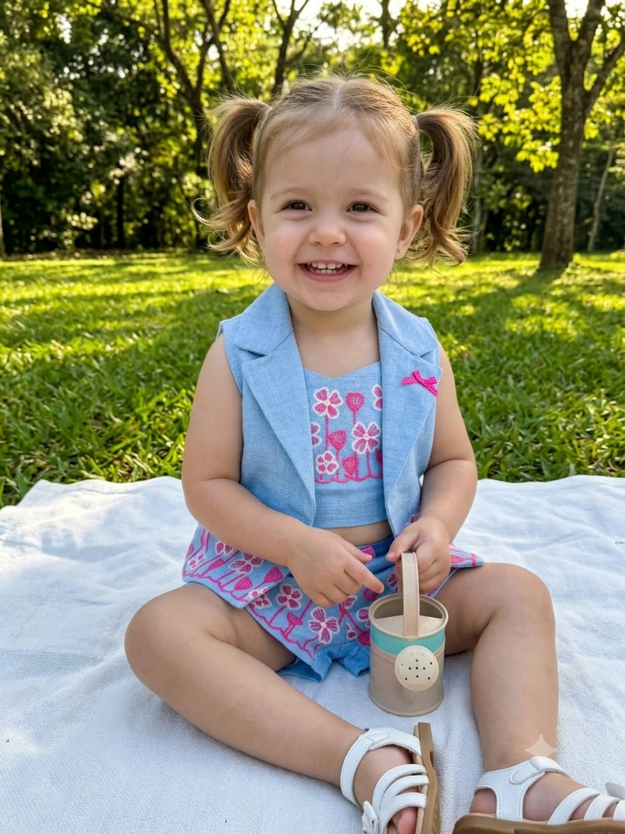 Toddler Girls 3-Piece Floral Denim Outfit Set – Sleeveless Vest, Crop Top & Shorts