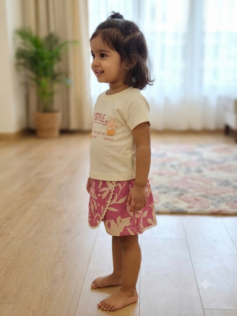 Toddler Girls 2-Piece Summer Outfit – Cream Graphic T-Shirt & Pink Floral Skort Set