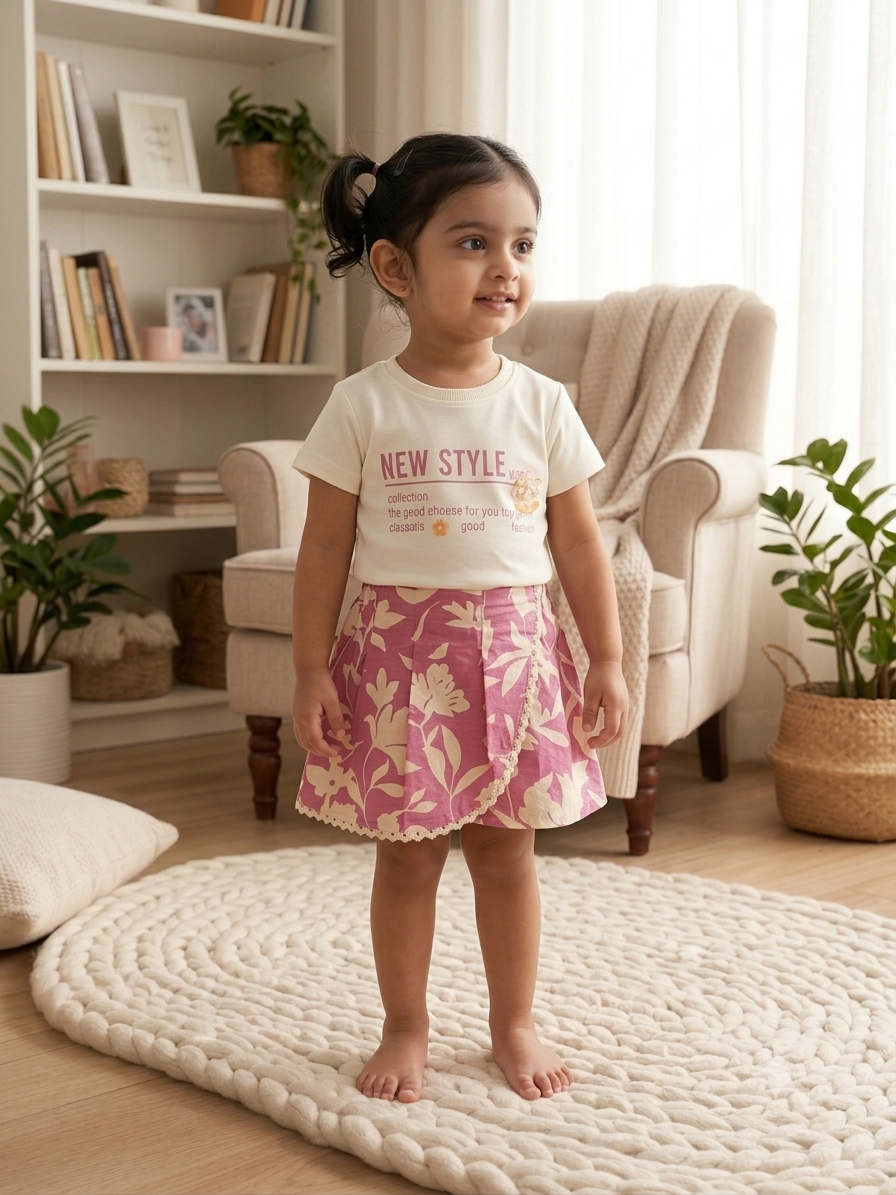 Toddler Girls 2-Piece Summer Outfit – Cream Graphic T-Shirt & Pink Floral Skort Set