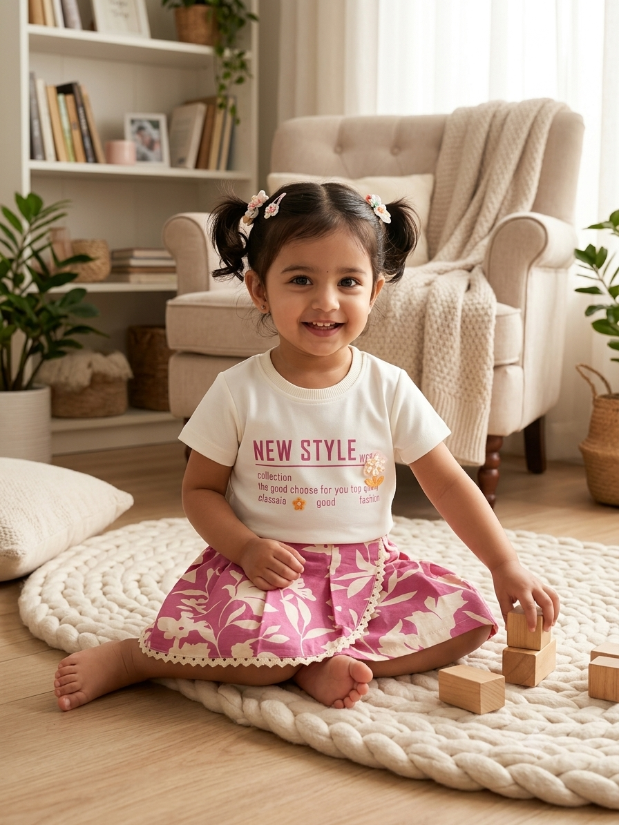 Toddler Girls 2-Piece Summer Outfit – Cream Graphic T-Shirt & Pink Floral Skort Set