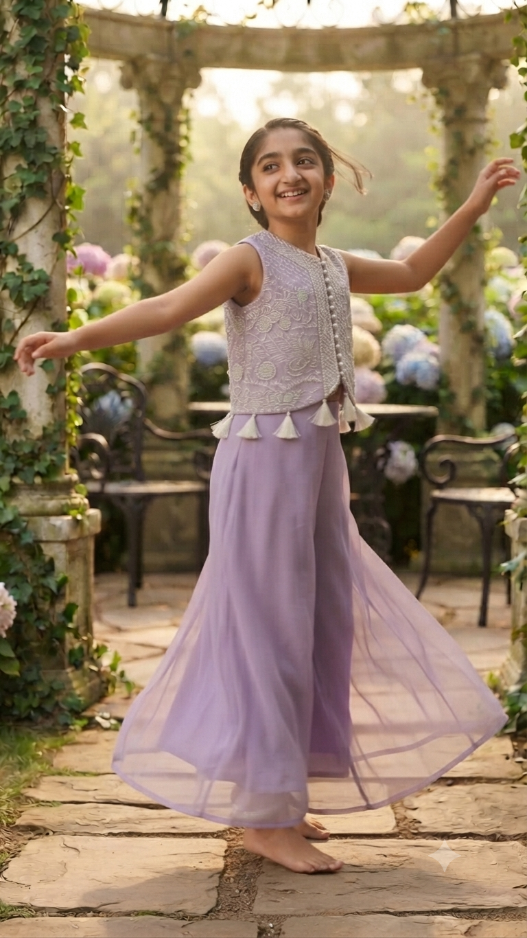 Lilac Embroidered Crop Top and Palazzo Set for Girls | Festive Ethnic Wear