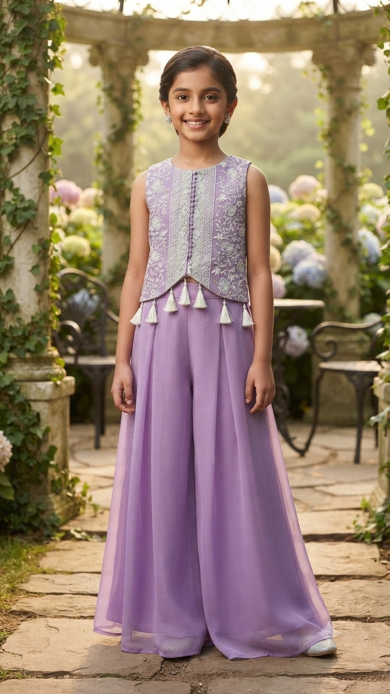 Lilac Embroidered Crop Top and Palazzo Set for Girls | Festive Ethnic Wear