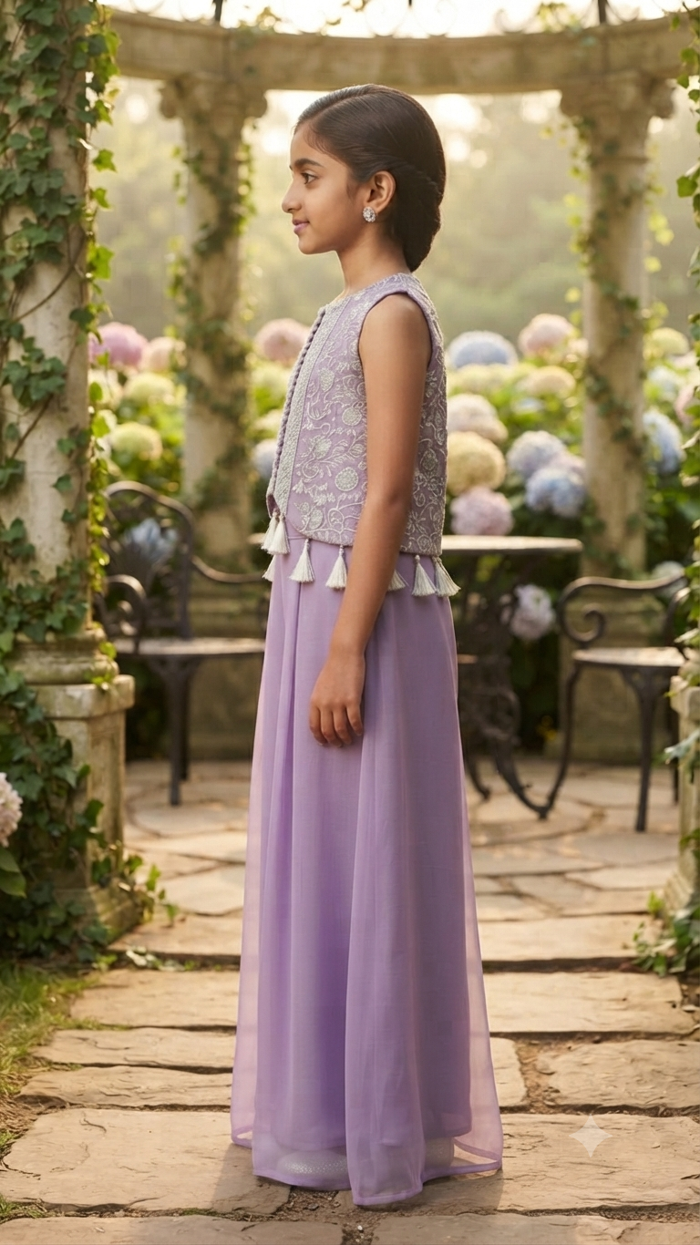Lilac Embroidered Crop Top and Palazzo Set for Girls | Festive Ethnic Wear