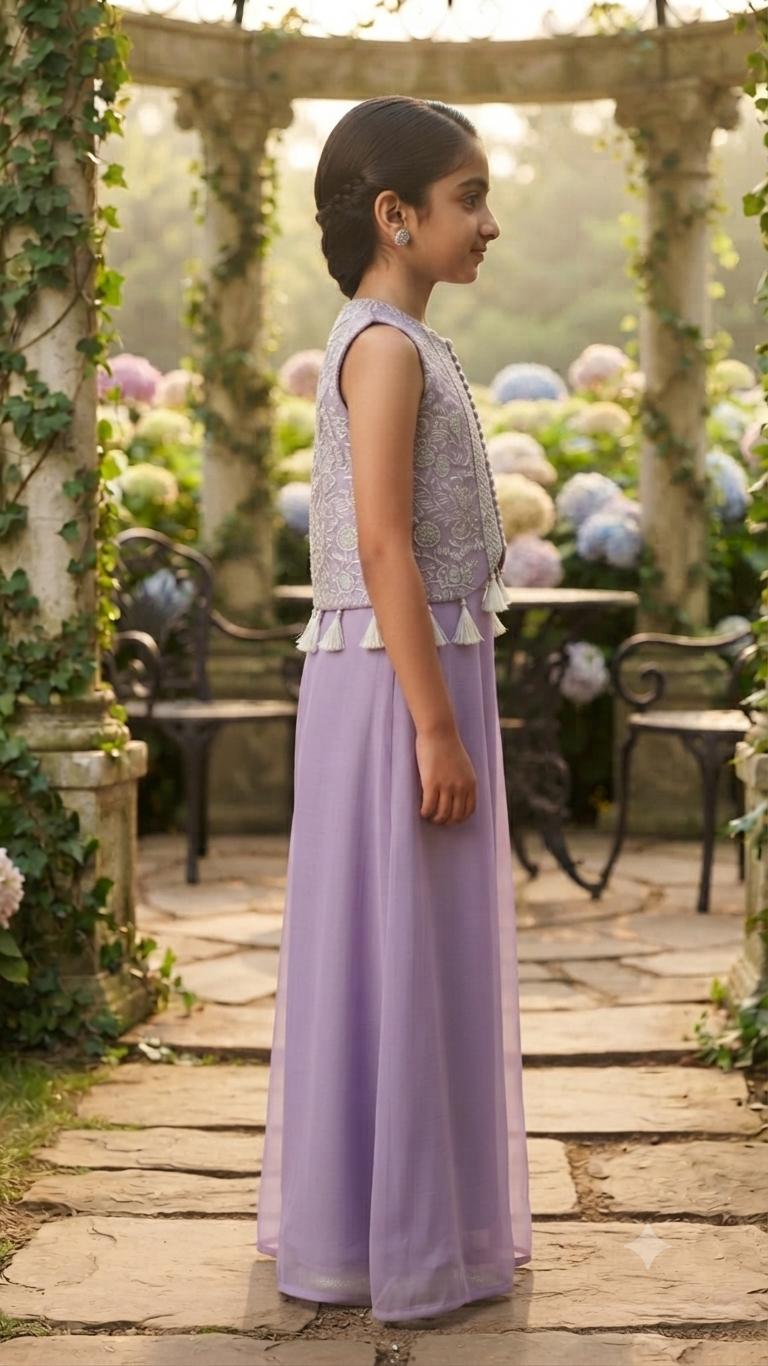 Lilac Embroidered Crop Top and Palazzo Set for Girls | Festive Ethnic Wear