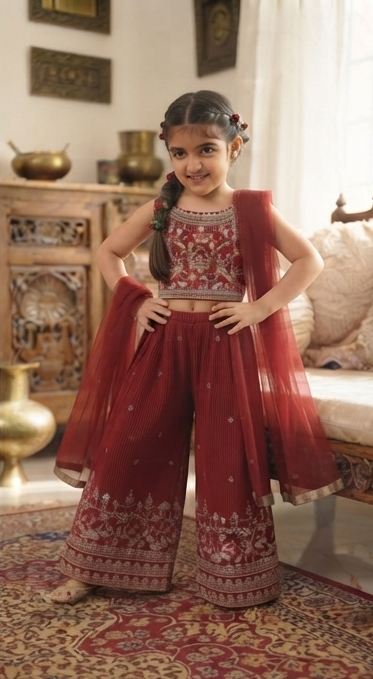 Elegant Maroon Floral Embroidered Co-ord Set with Dupatta