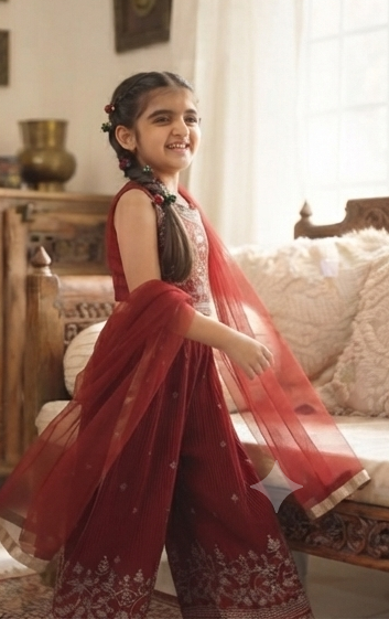 Elegant Maroon Floral Embroidered Co-ord Set with Dupatta