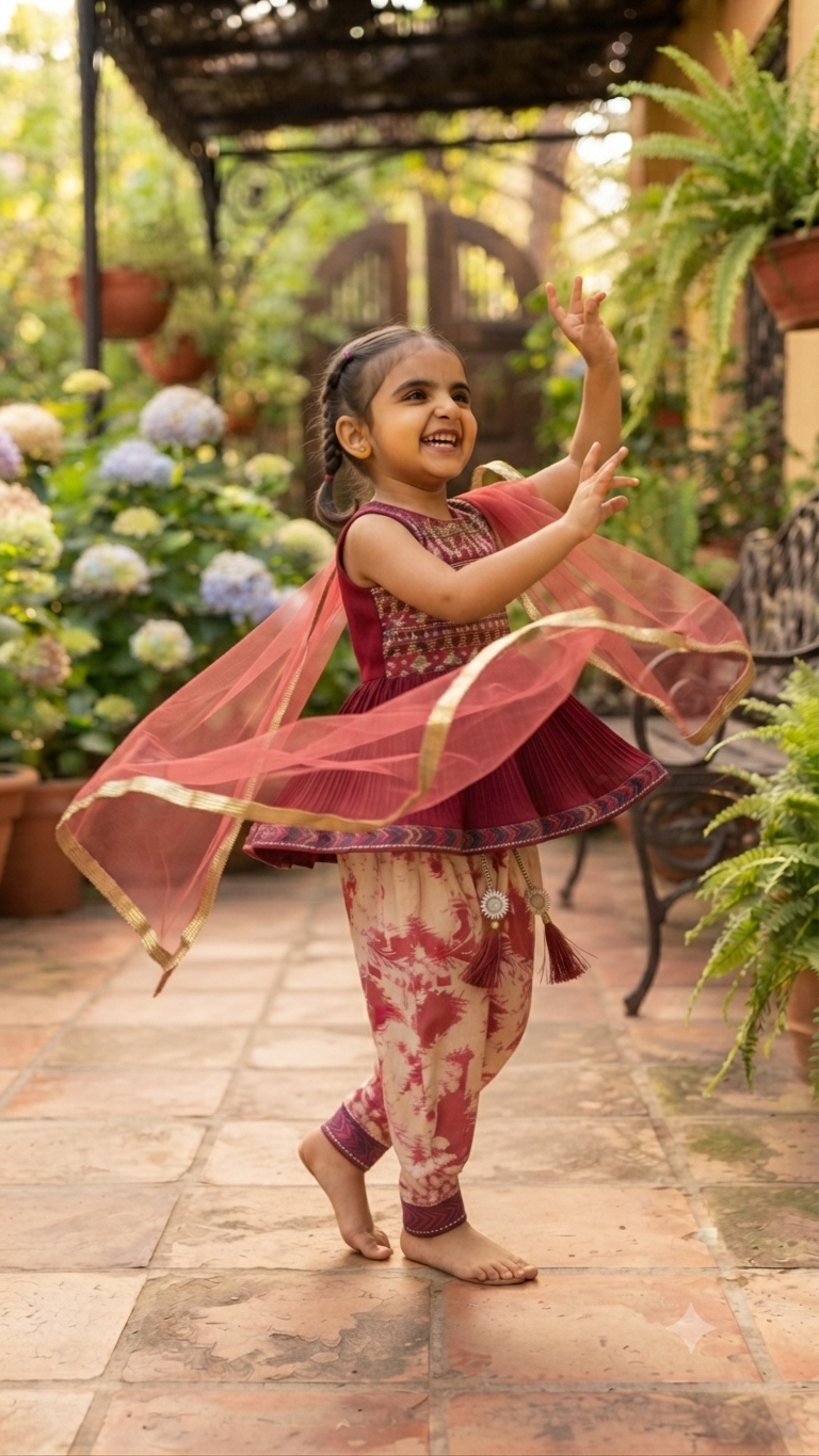 Girls' Designer Red Peplum Top with Abstract Print Dhoti Salwar Set