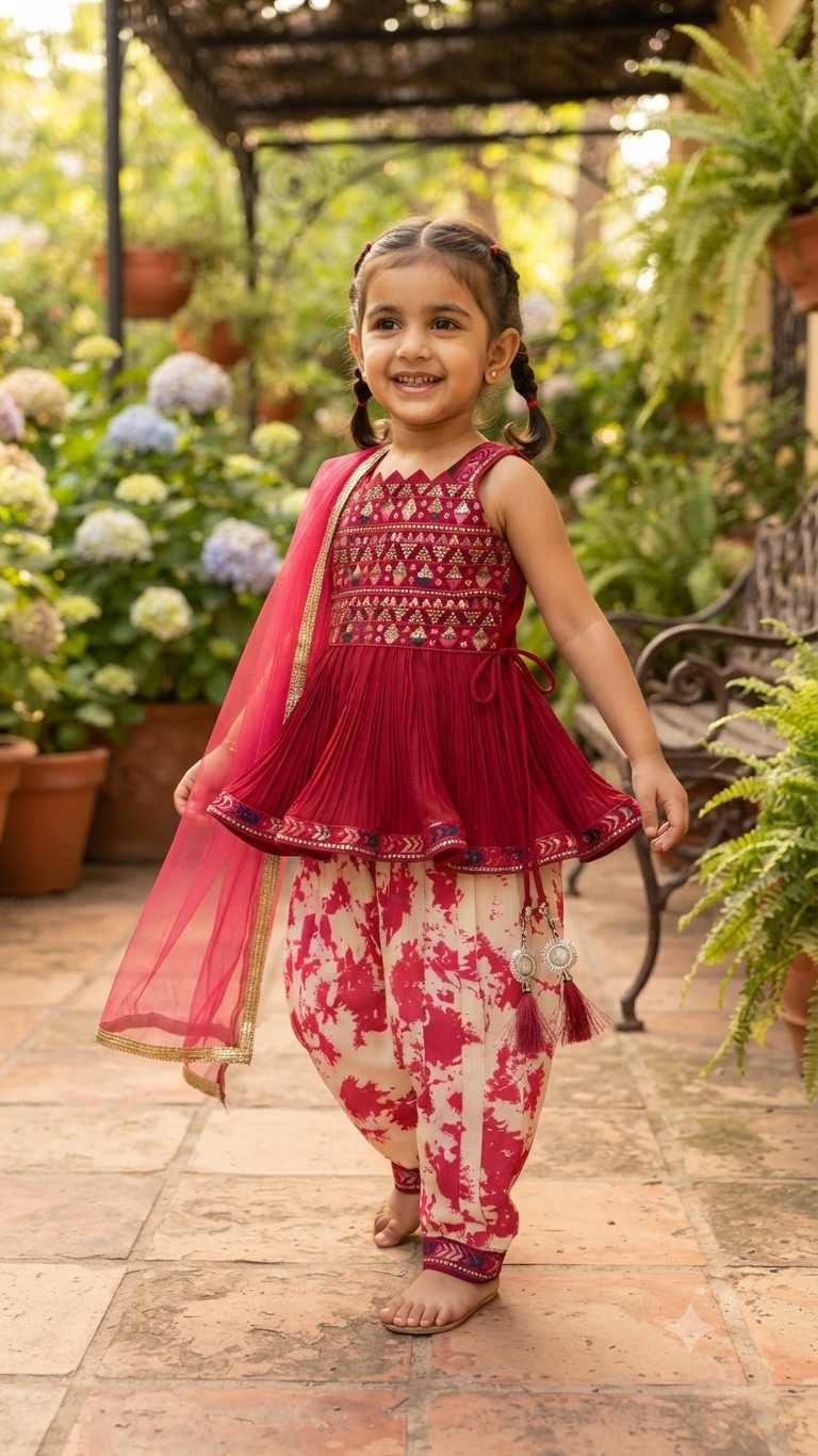 Girls' Designer Red Peplum Top with Abstract Print Dhoti Salwar Set