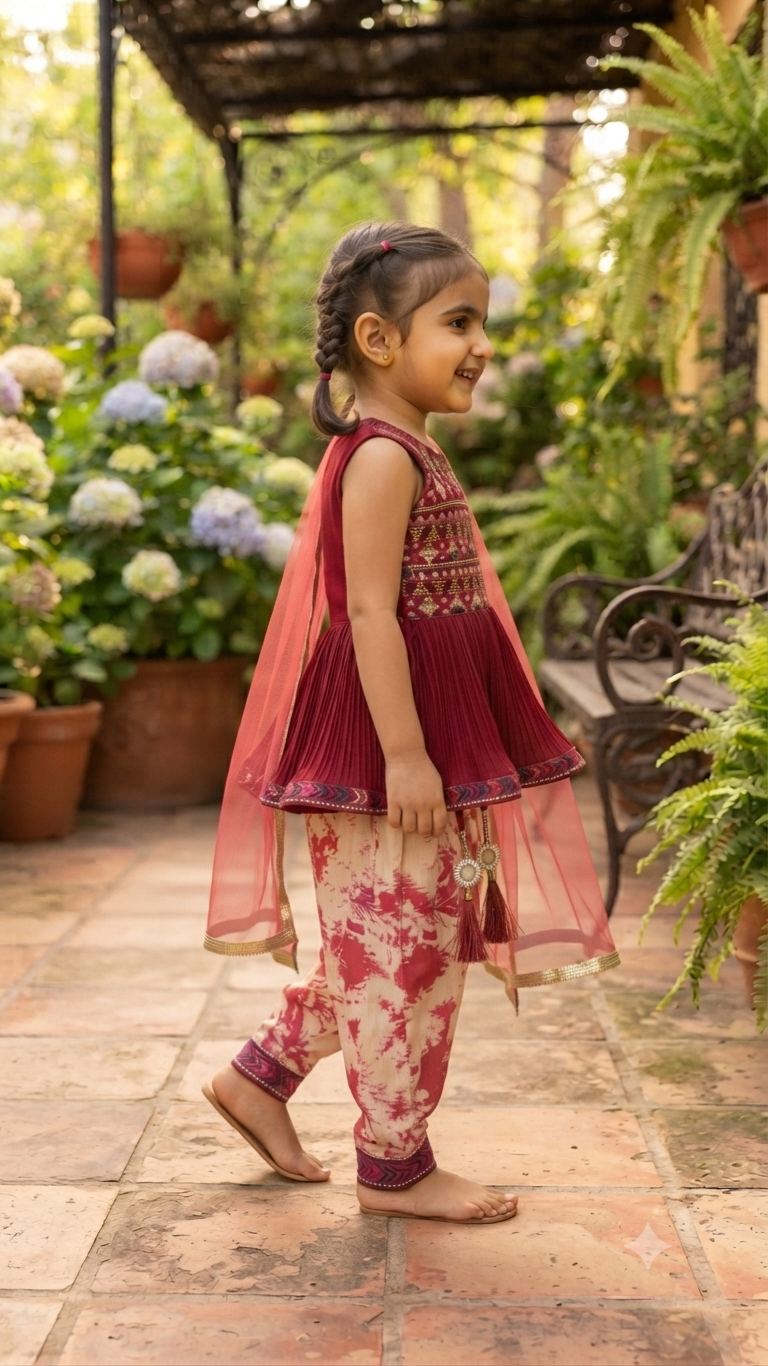 Girls' Designer Red Peplum Top with Abstract Print Dhoti Salwar Set