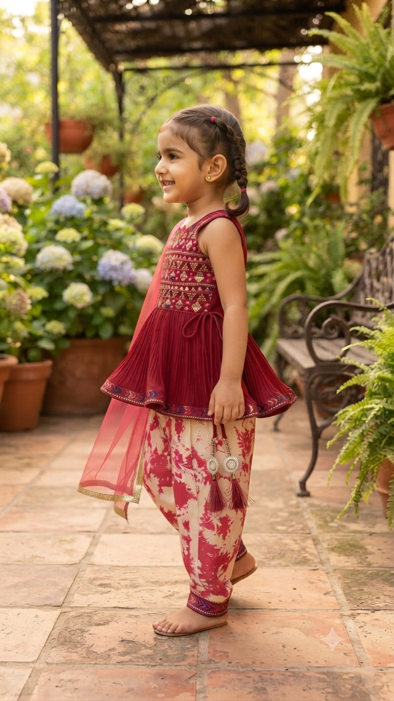 Girls' Designer Red Peplum Top with Abstract Print Dhoti Salwar Set