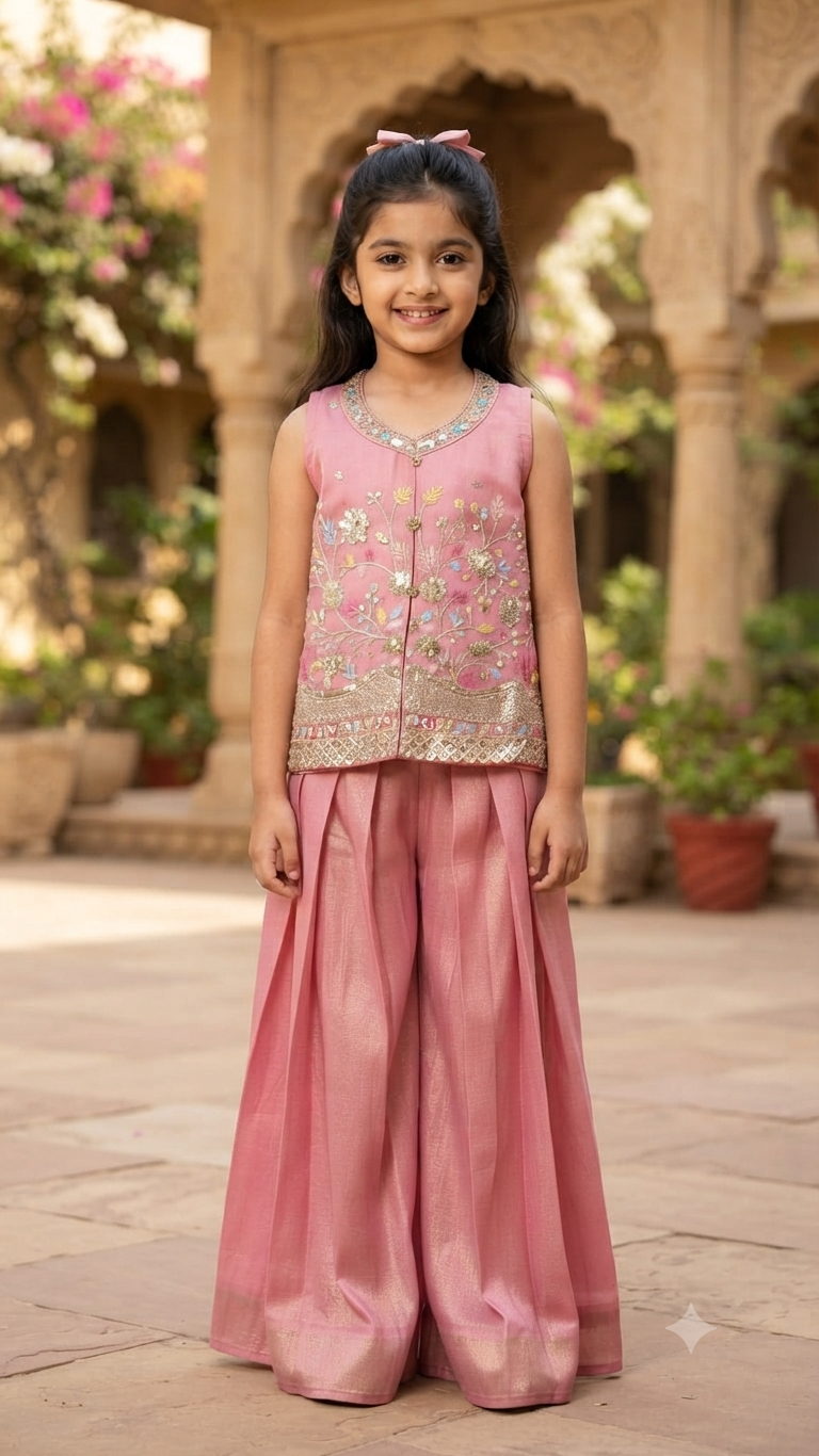 Elegant Pink Embroidered Sharara Set for Girls | Festive Ethnic Wear by Olecuzi