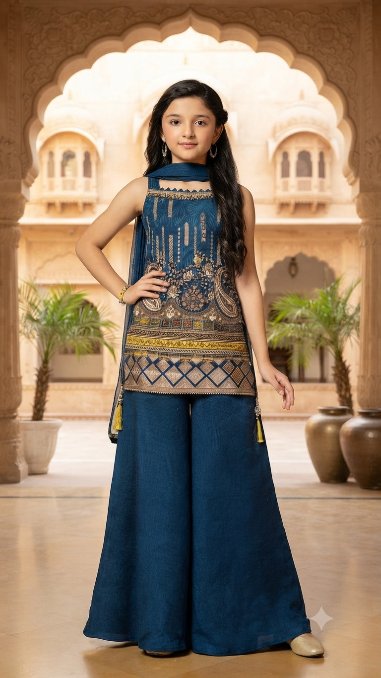 Elegant Royal Blue Ethnic Sharara Set for Girls | Festive Wear for Kids by Olecuzi