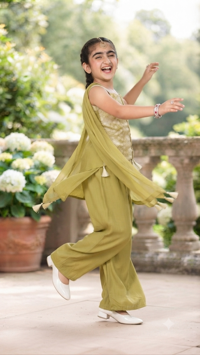 Girls' Trendy Green Ethnic Crop Top Palazzo Set | Festive Wear | Olecuzi