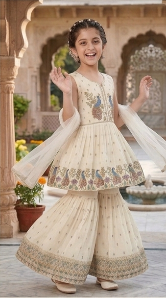 Kids Girls Ethnic Peacock Design Gharara Set – Festive Wear | Olecuzi