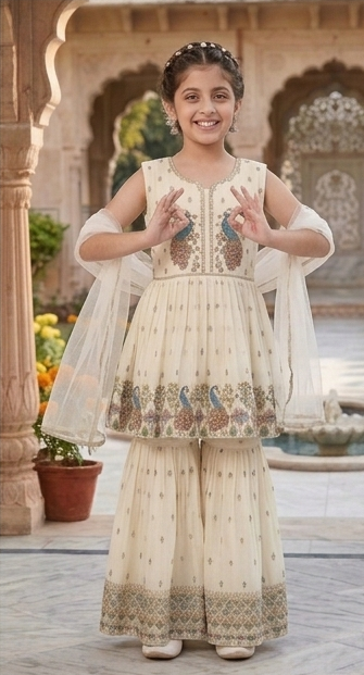 Kids Girls Ethnic Peacock Design Gharara Set – Festive Wear | Olecuzi