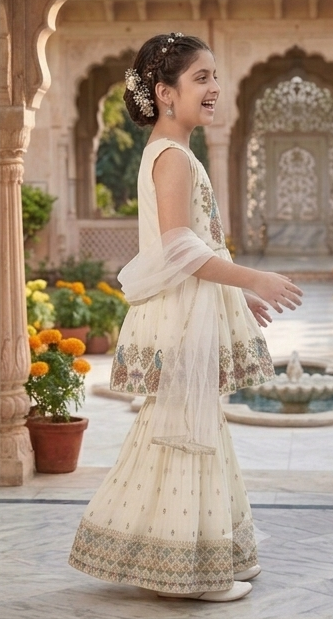 Kids Girls Ethnic Peacock Design Gharara Set – Festive Wear | Olecuzi