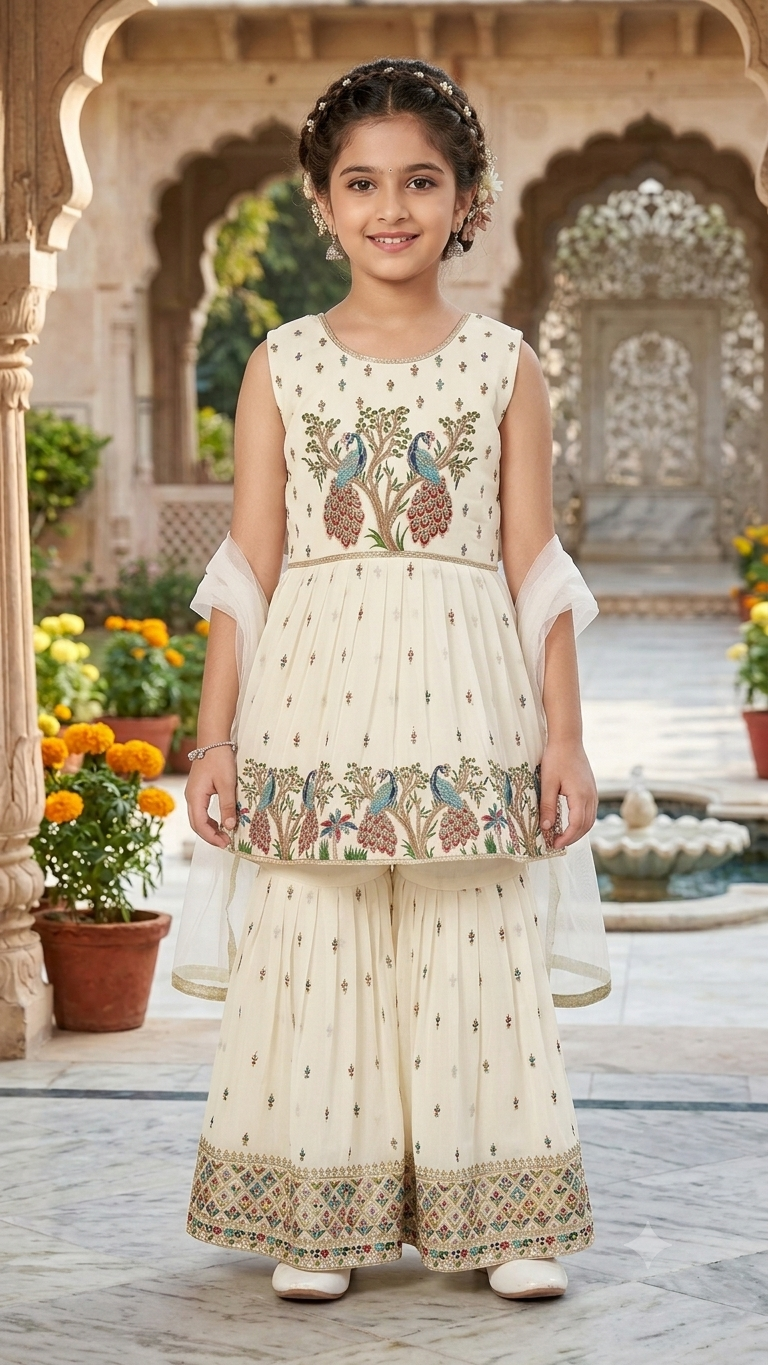 Kids Girls Ethnic Peacock Design Gharara Set – Festive Wear | Olecuzi