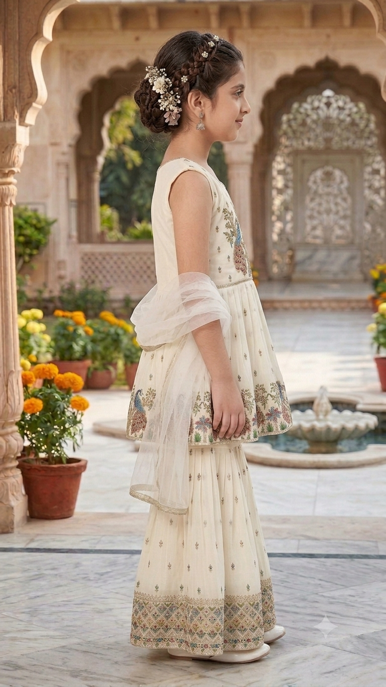 Kids Girls Ethnic Peacock Design Gharara Set – Festive Wear | Olecuzi