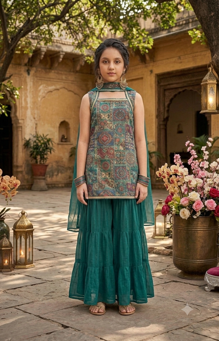 Mughal Elegance Girls' Teal Printed Sharara Set with Dupatta