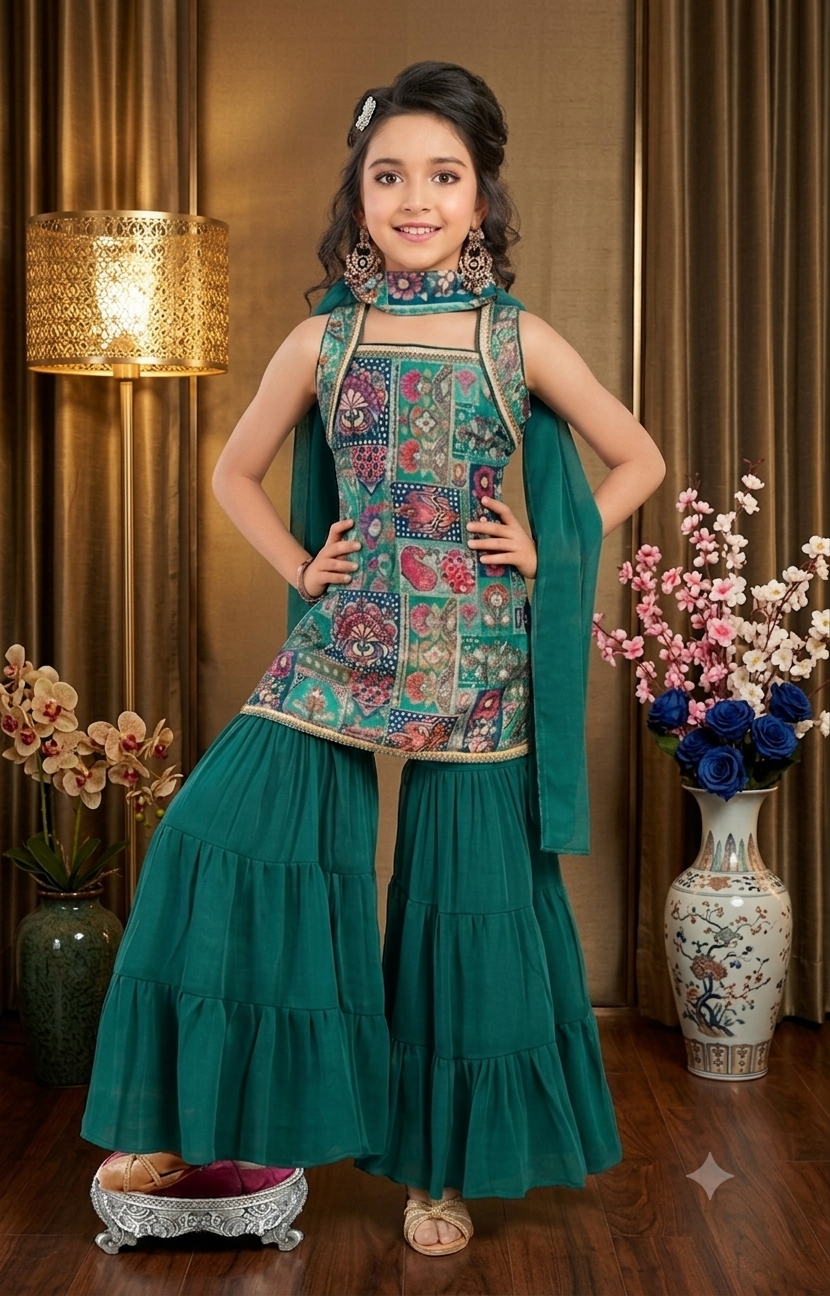 Mughal Elegance Girls' Teal Printed Sharara Set with Dupatta