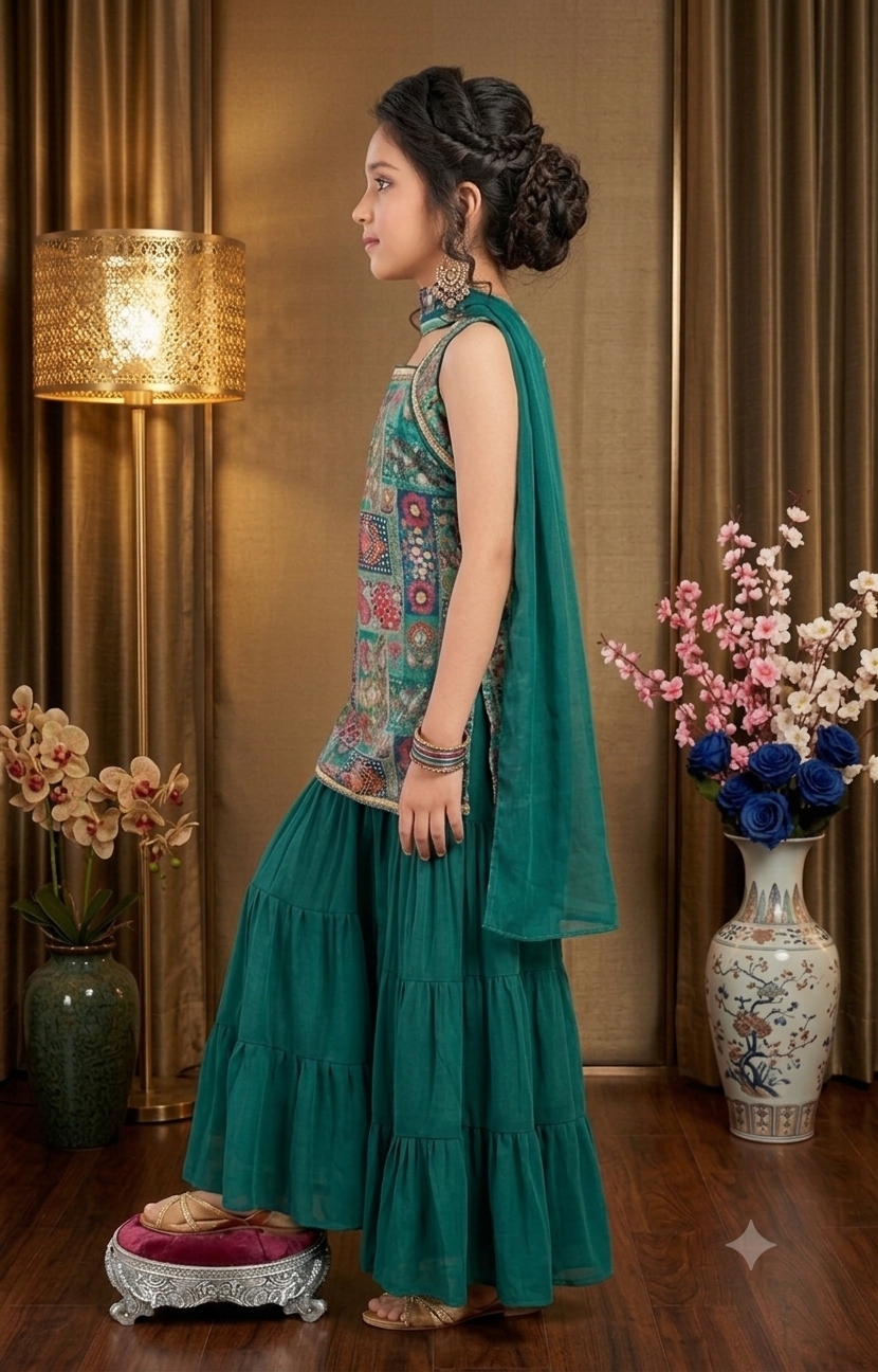 Mughal Elegance Girls' Teal Printed Sharara Set with Dupatta