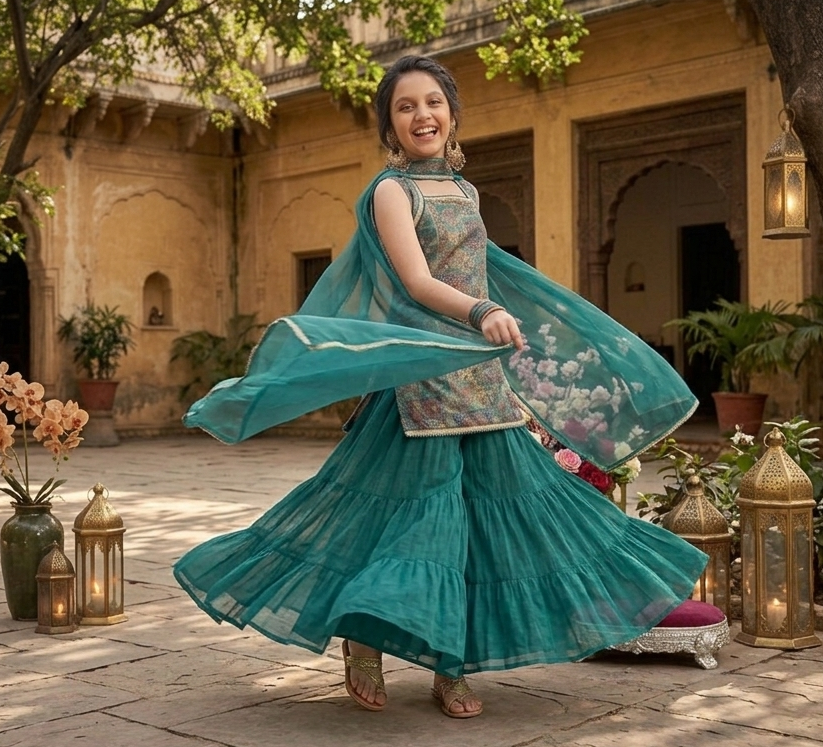 Mughal Elegance Girls' Teal Printed Sharara Set with Dupatta
