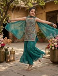 Mughal Elegance Girls' Teal Printed Sharara Set with Dupatta