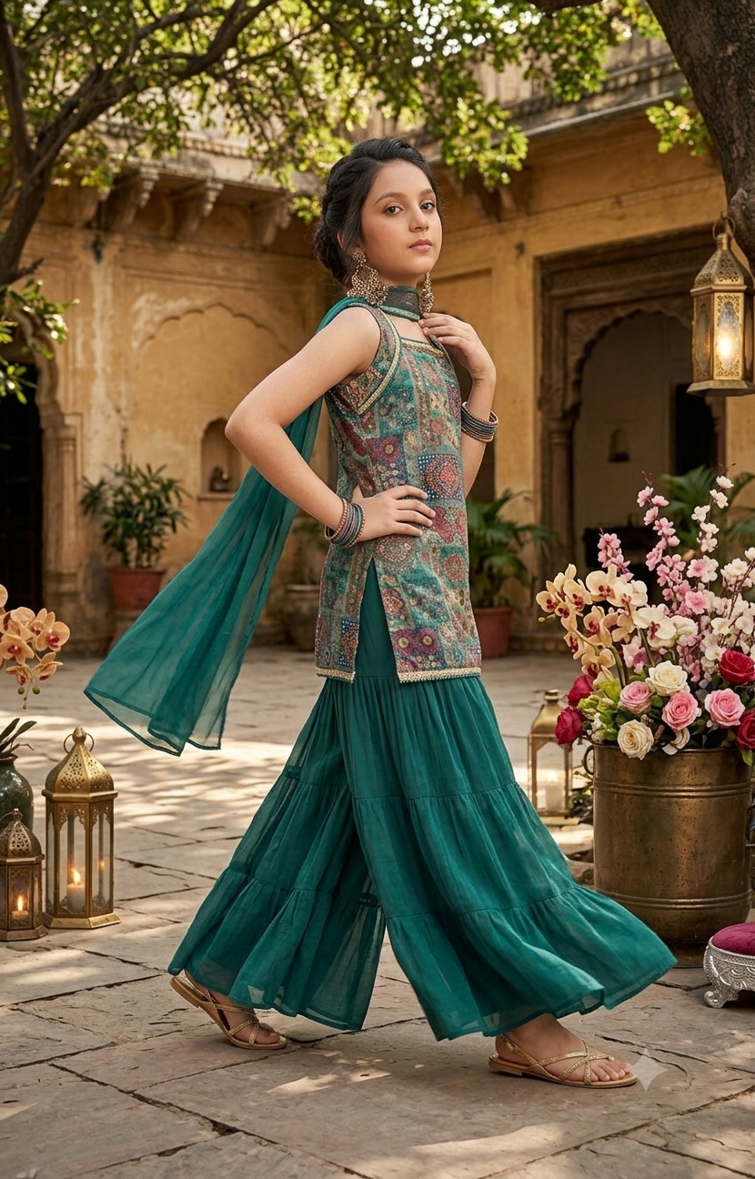 Mughal Elegance Girls' Teal Printed Sharara Set with Dupatta