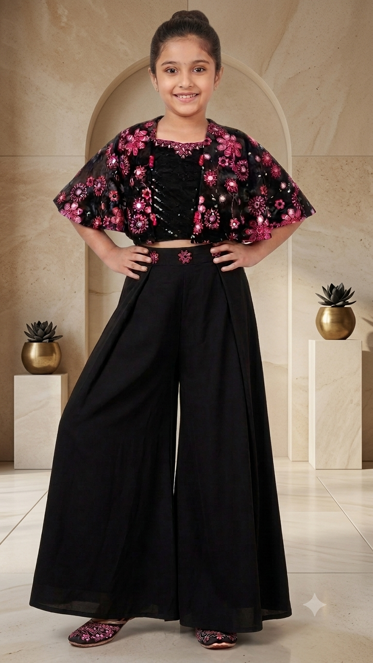 Kids' Black Embroidered Cape & Palazzo Set