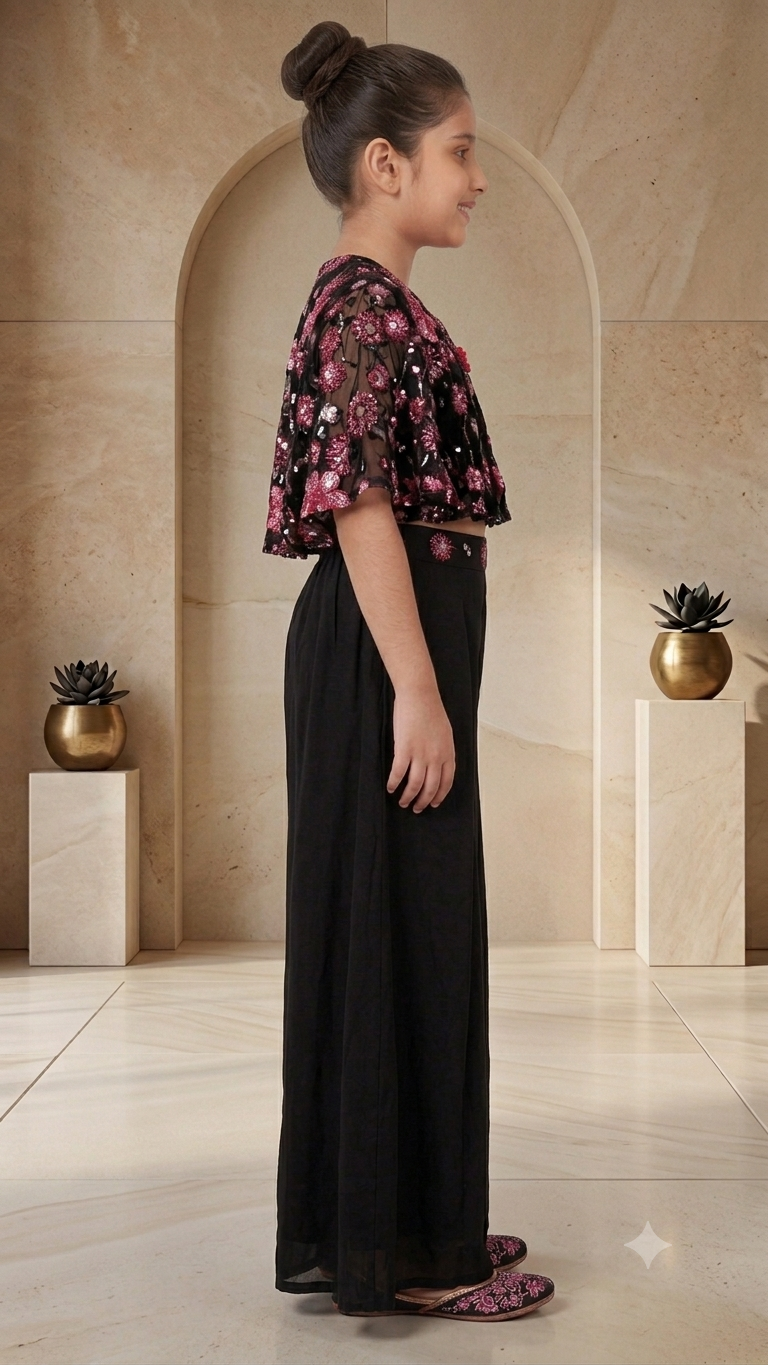 Kids' Black Embroidered Cape & Palazzo Set