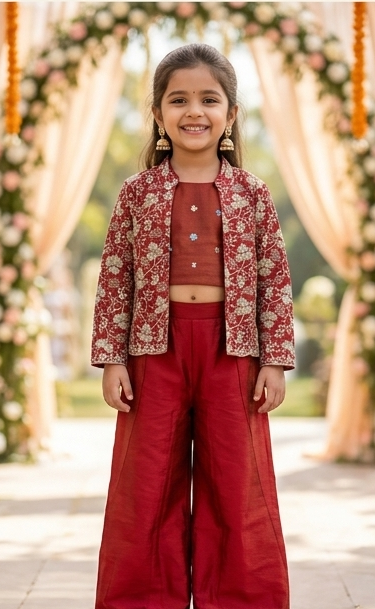 Red Embroidered Ethnic Co-ord Set for Girls | Festive Wear | Olecuzi