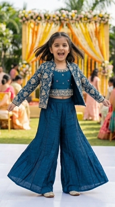 Girls Teal Blue Indo-Western Sharara Set with Embroidered Jacket | Olecuzi
